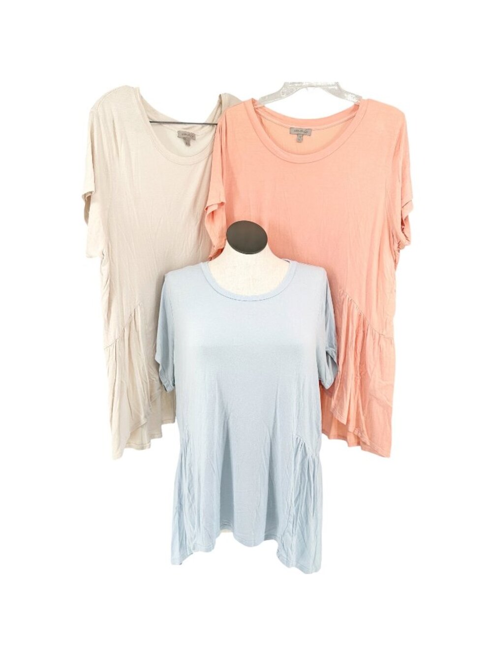 Wonderly Curvy Tunic Top 2X Short Sleeve Lot Of 3 Blue Pink Beige Rayon Blend